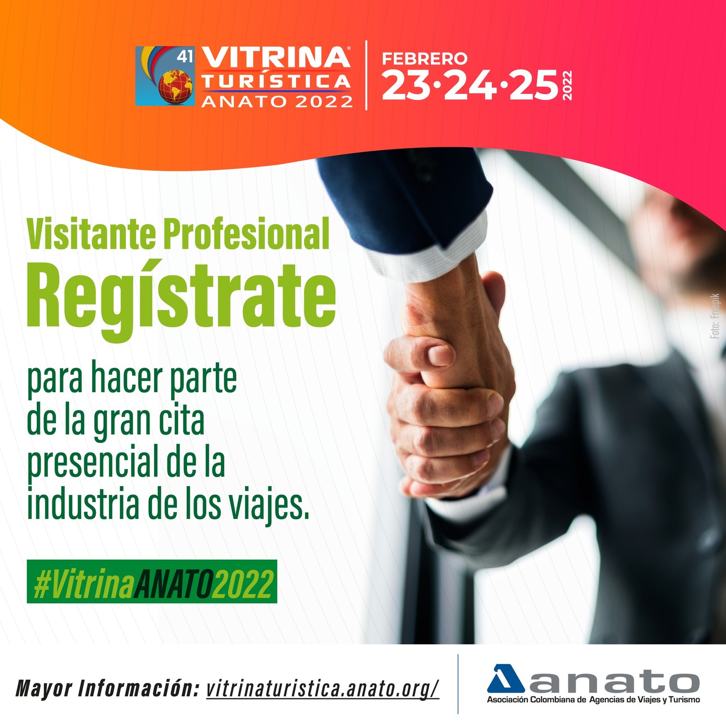 Los profesionales del turismo se reunirán en la #VitrinaANATO2022, el próximo 23, 24 y 25 de febrero en Corferias-Bogotá.

Realiza tu registro a este evento profesional, aquí: https://vitrinaturistica.anato.org/registro/ (link activo en nuestras historias)